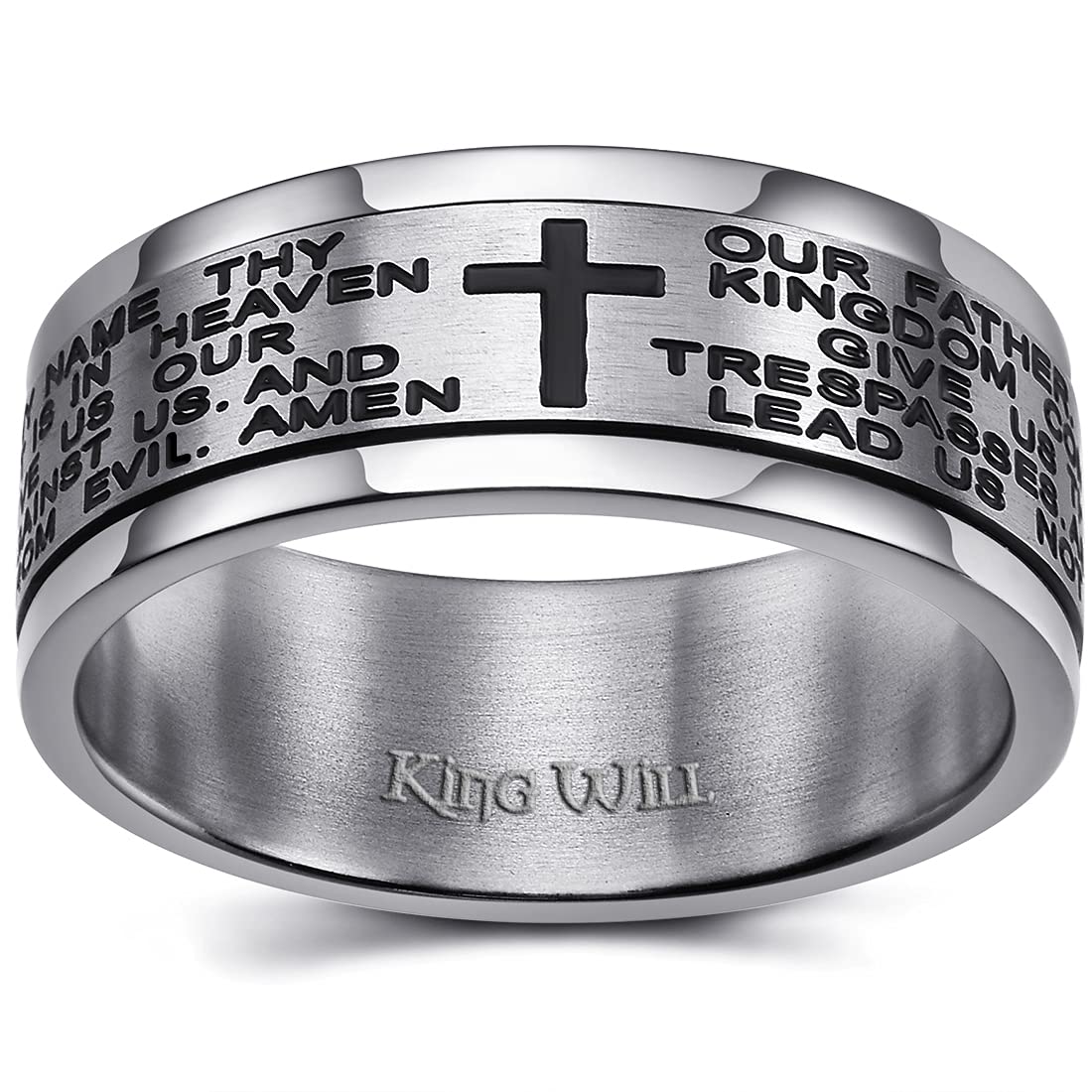 King Will 6mm 8mm Silver & Rose Gold Titanium Spinner Ring for Men - Anxiety Relief Fidget Ring with Dice Pattern & Lord's Prayer Engraving - High Polished Comfort Ring for Stress Relief, Office, Travel & Meditation