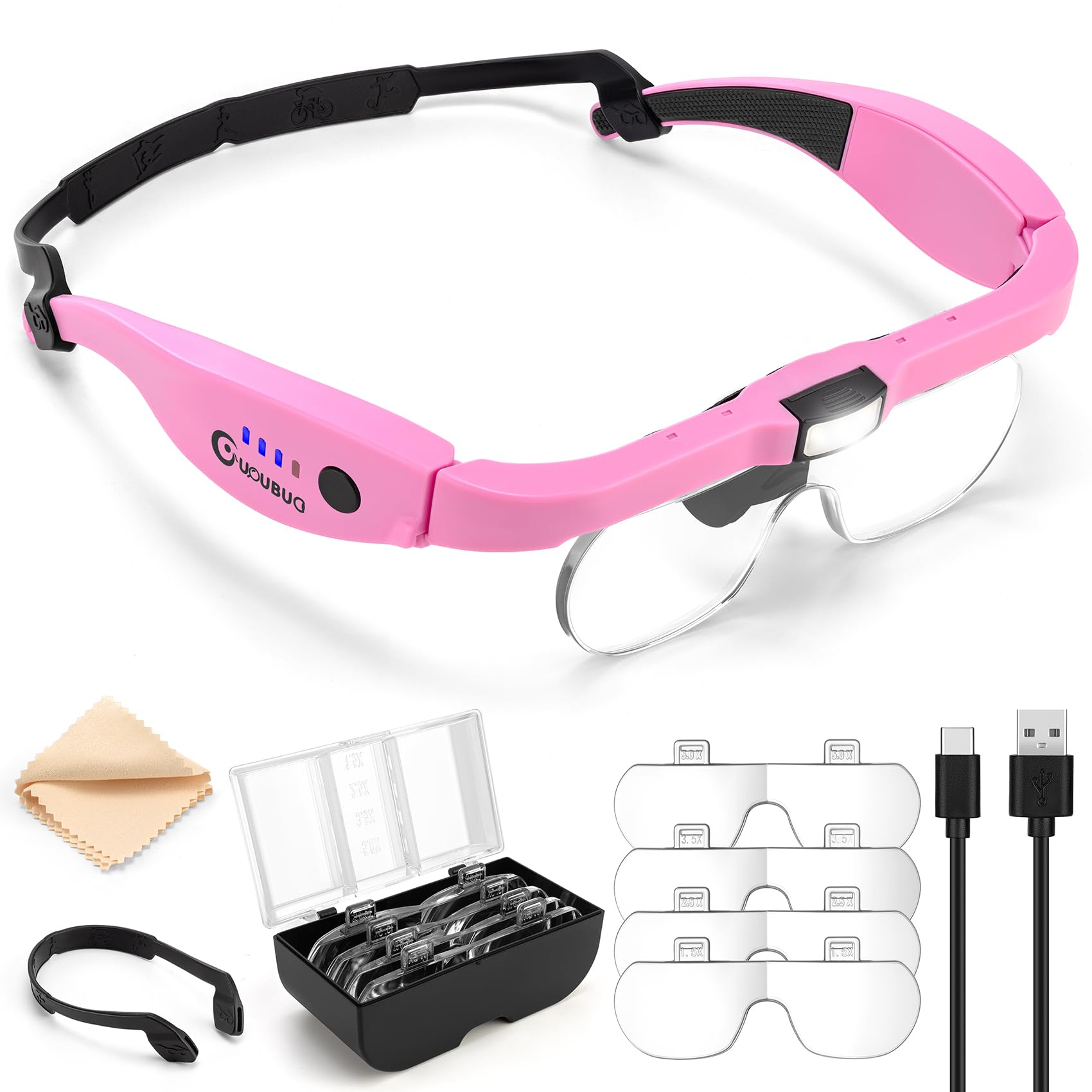 Rechargeable Magnifying Headset with LED Light - 1.5X to 5.0X Adjustable Magnification, 4 Detachable Lenses for Jewelry Making, Watch Repair, Reading & Close Work Crafts - Hands-Free Illuminated Magnifier for Hobbyists & Professionals