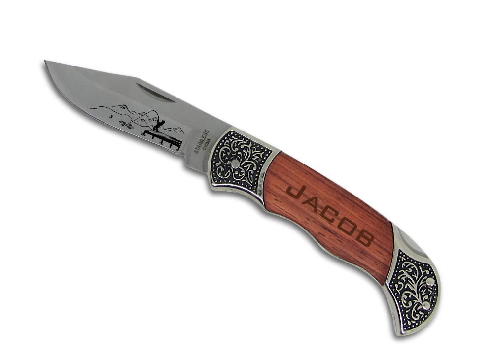 Personalized Engraved Wooden Pocket Knife - Premium Fisherman Gift with Filigree Design | Perfect for Outdoor Adventures, Camping & Survival Gear