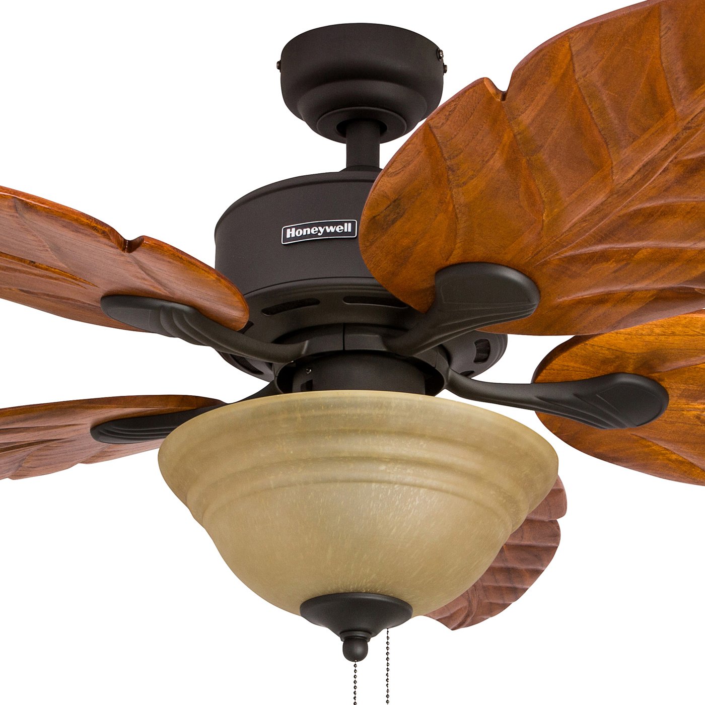 Honeywell 52 Inch Royal Palm Tropical Ceiling Fan with LED Light, Pull Chain, 3 Mounting Options & Hand Carved Solid Wood Blades - Indoor/Outdoor Use for Bedroom, Living Room, Patio (Bronze, Model 50204-01)