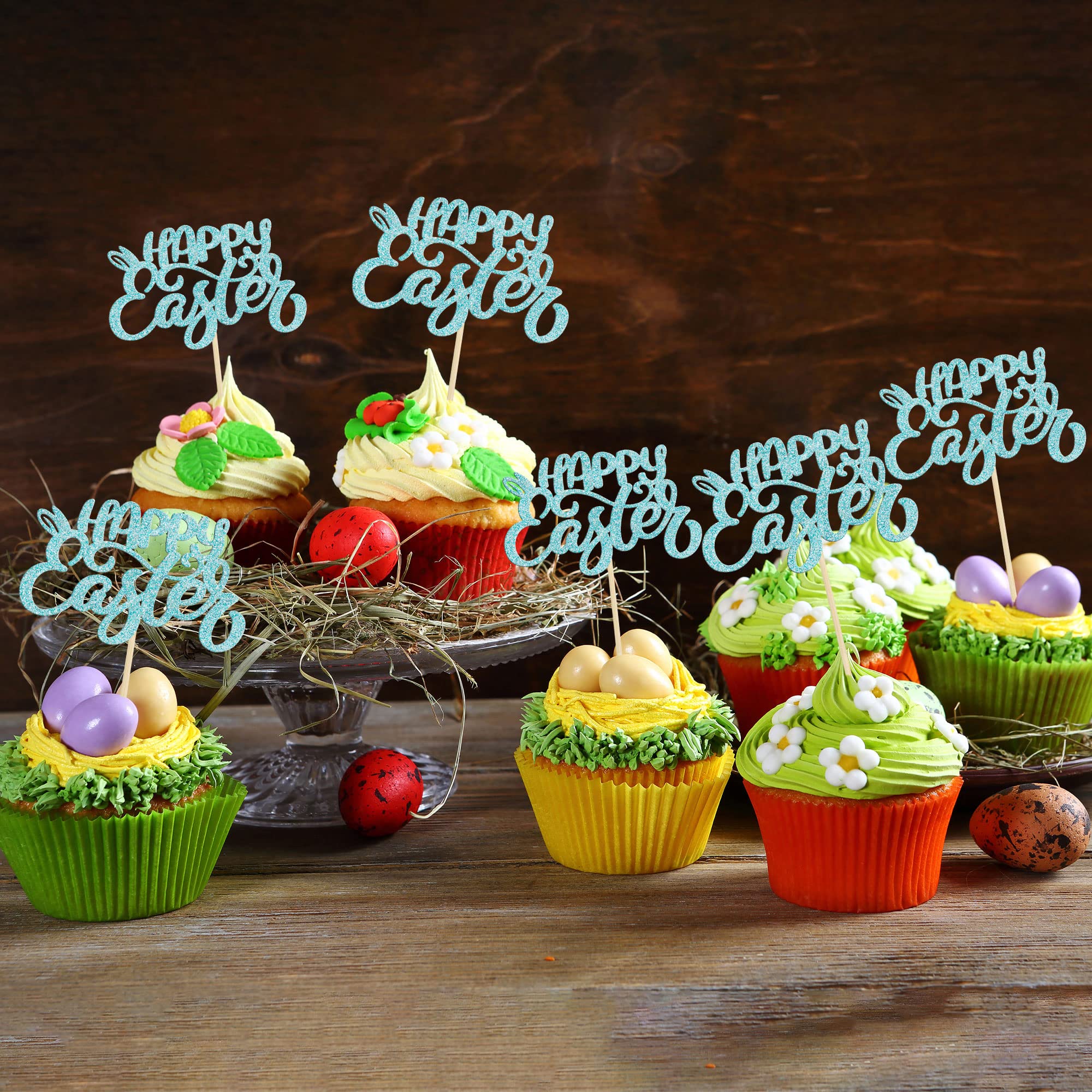 24Pcs Blue Glitter Easter Bunny Ear Cupcake Toppers - Happy Easter Decorations for Cupcakes, Baby Showers, Kids Birthday Parties & Spring Celebrations (Perfect for Easter Desserts, Holiday Baking & Festive Party Decor)