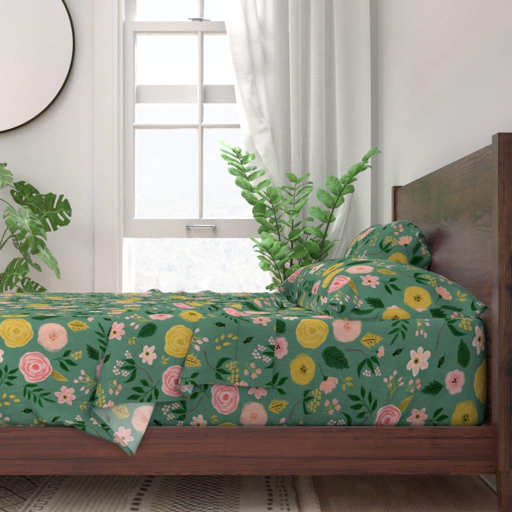 100% Cotton Queen Size 4-Piece Sheet Set | Floral Nursery Print with Bouquet Green Pink Roses | Soft Breathable Bedding for Baby Girl's Room & Home Decor