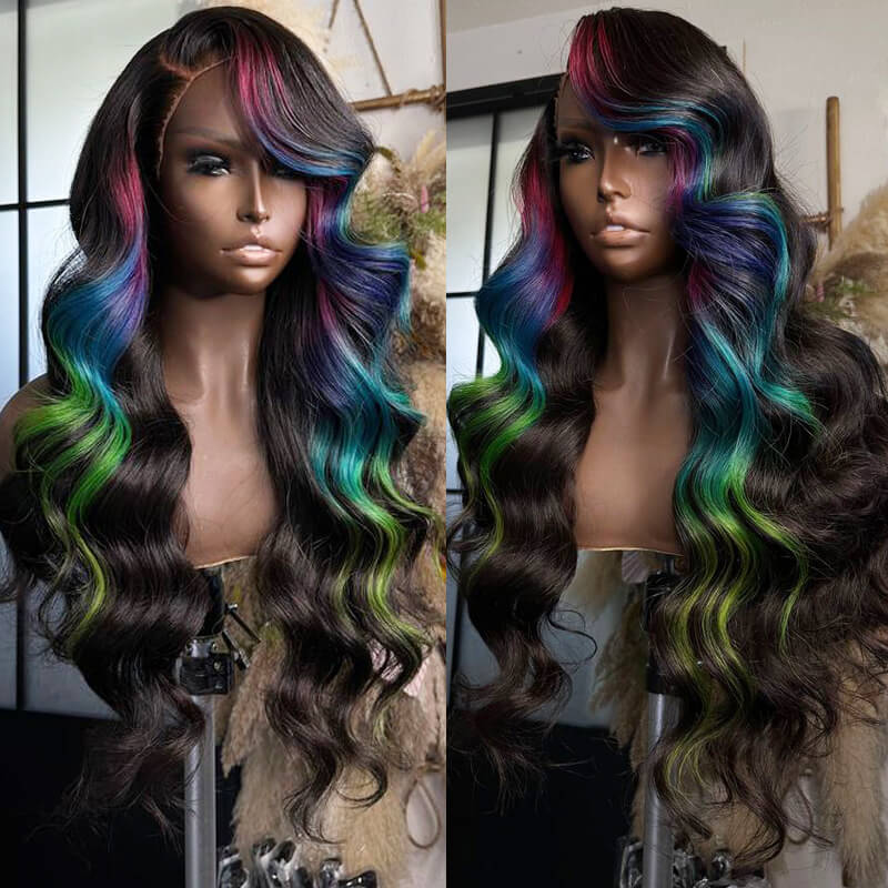 1B Wavy with Pink Purple Blue Green Highlight