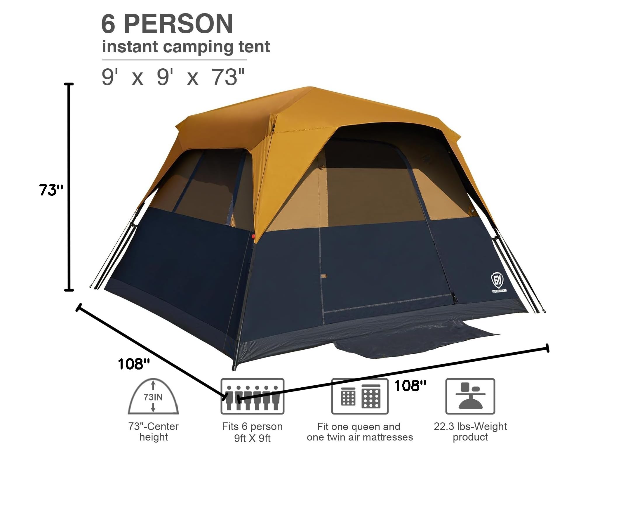 EVER ADVANCED 6-Person Instant Cabin Tent - Family Camping Tent with Rainfly, 60-Second Setup, Water-Resistant & Blackout Technology - Perfect for Backpacking, Hiking, and Outdoor Adventures