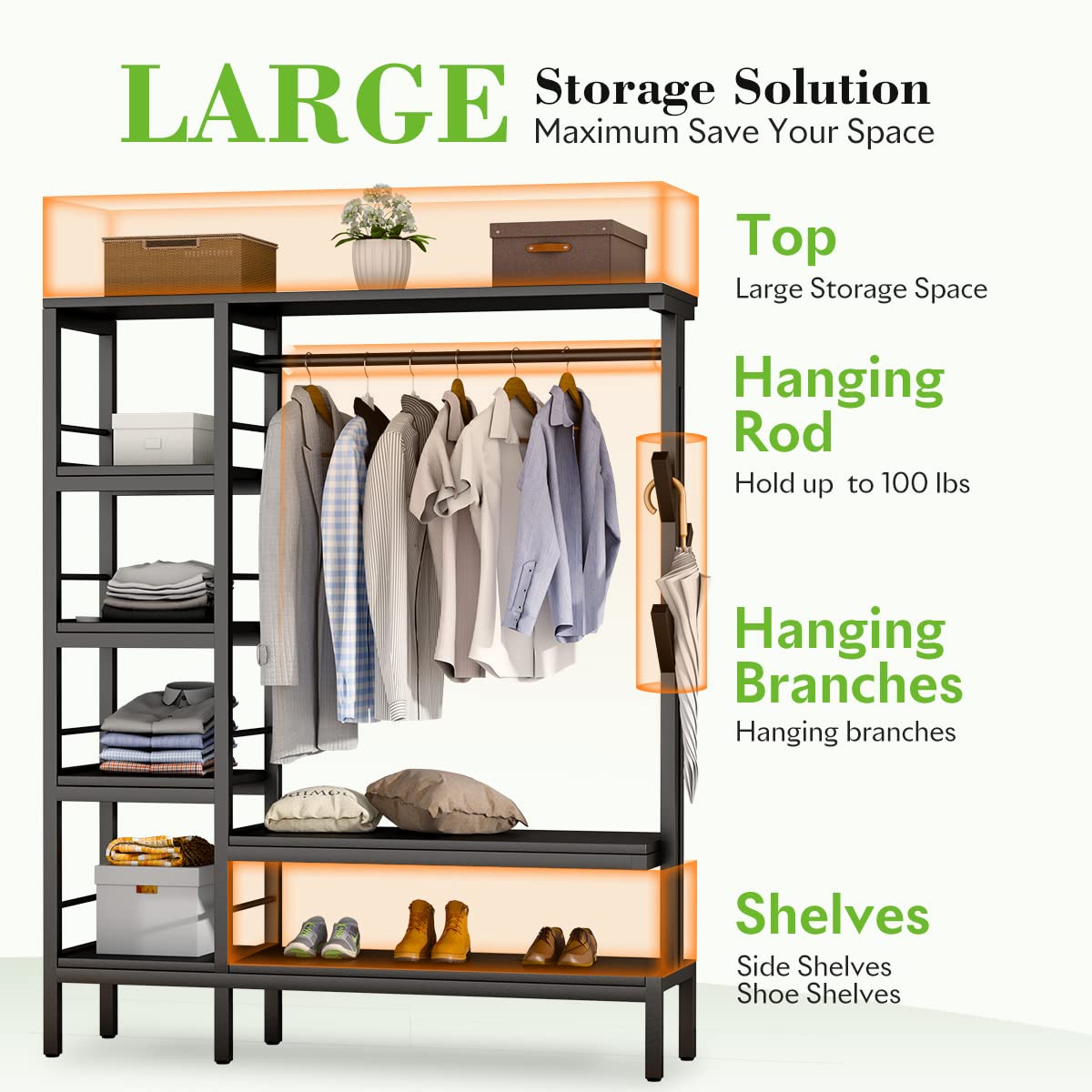 HOKEEPER 650lbs Heavy Duty Free Standing Closet Organizer with 6 Metal Shelves & Coat Rack - Sturdy Clothing Rack for Hanging Clothes, Wardrobe Storage, Bedroom, Closet Organization - Perfect for Small Spaces, Dorm Rooms & Apartment Living