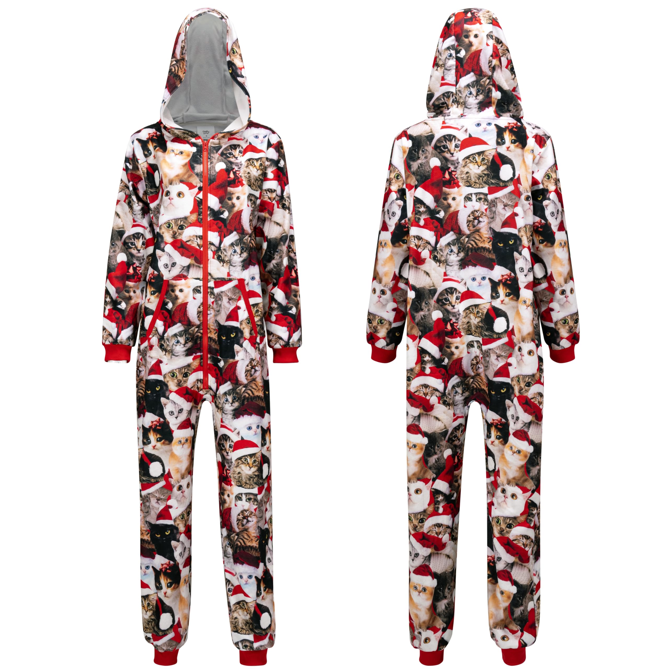 Cozy Cat Print Christmas Pajamas for Adults - Soft Fleece Hooded Pajama Set with Pockets | Perfect for Holiday Parties, Family Gatherings & Winter Lounging