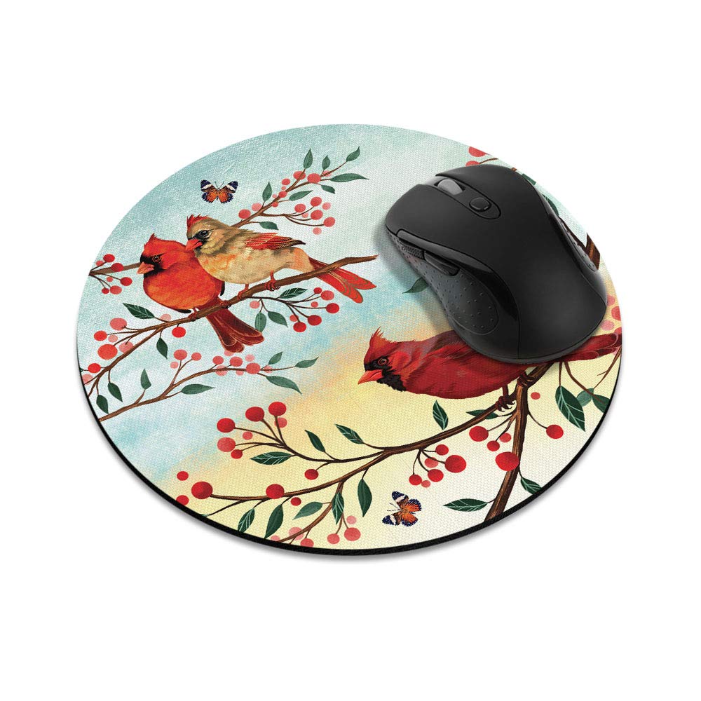 Non-Slip Round Mouse Pad with Red Cardinal Birds Design - Ergonomic Desk Mat for Home Office, Gaming & Computer Work (Perfect for Workstations, PC Setups & Gift Giving)