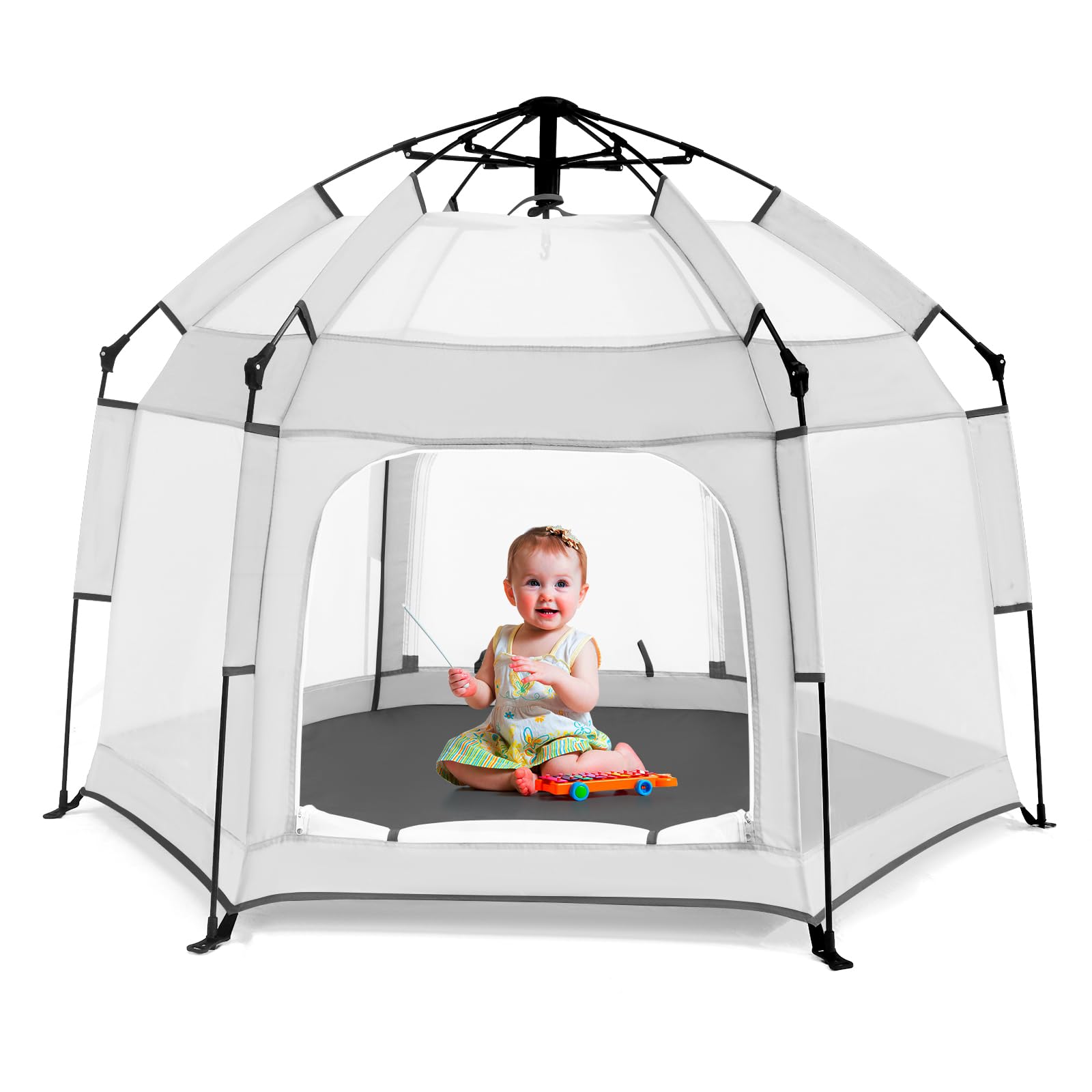 Portable Baby Playpen with Canopy - Foldable Play Yard for Toddlers Indoor & Outdoor, Light Grey Infant Beach Tent with Mosquito Net | Perfect for Park, Beach, Backyard & Nursery Use
