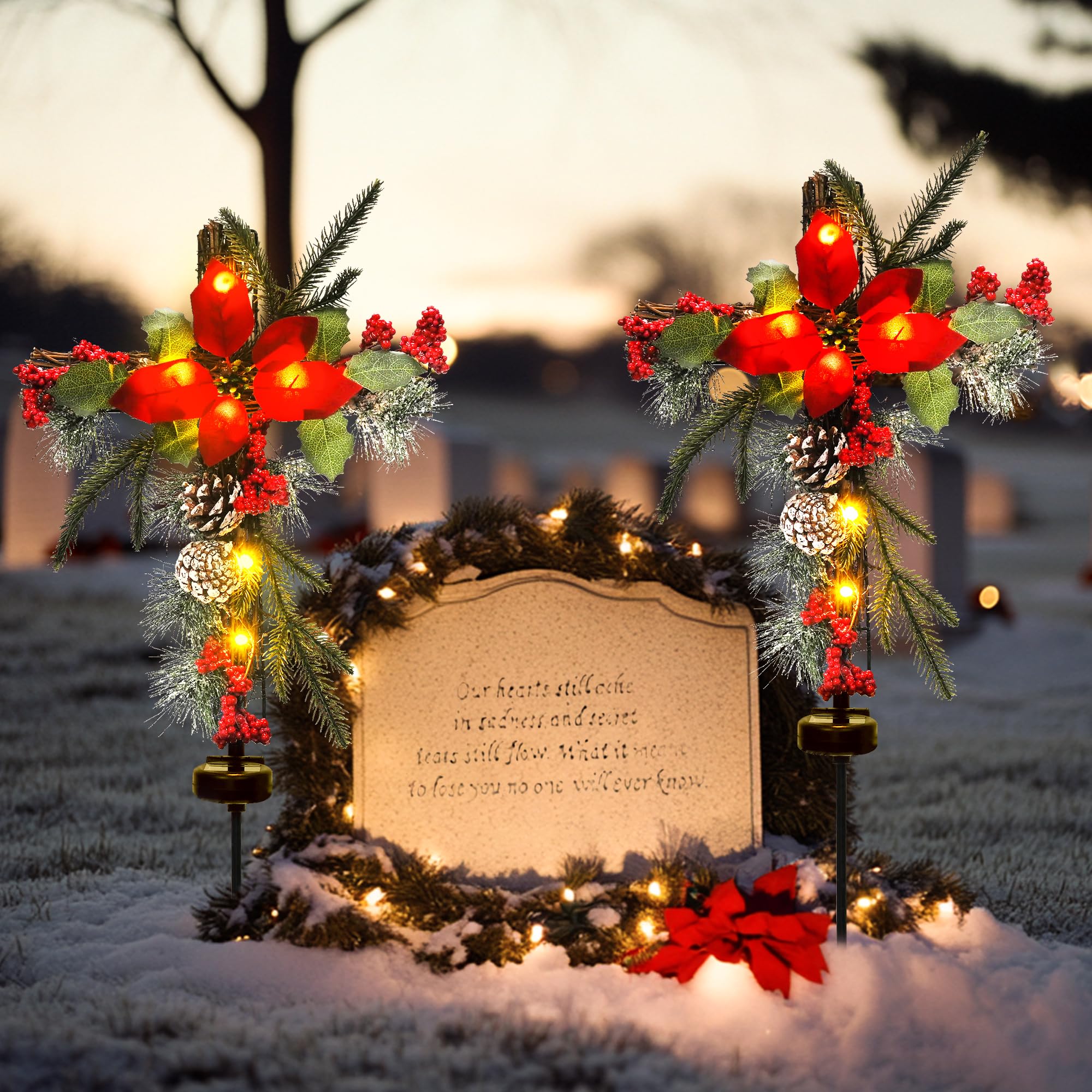 Outdoor Solar Christmas Decorations - Set of 2 Waterproof Cross Stake Lights with Faux Pine Cones & Flowers for Cemetery Grave Memorial - Perfect for Garden, Yard, Lawn & Holiday Decor