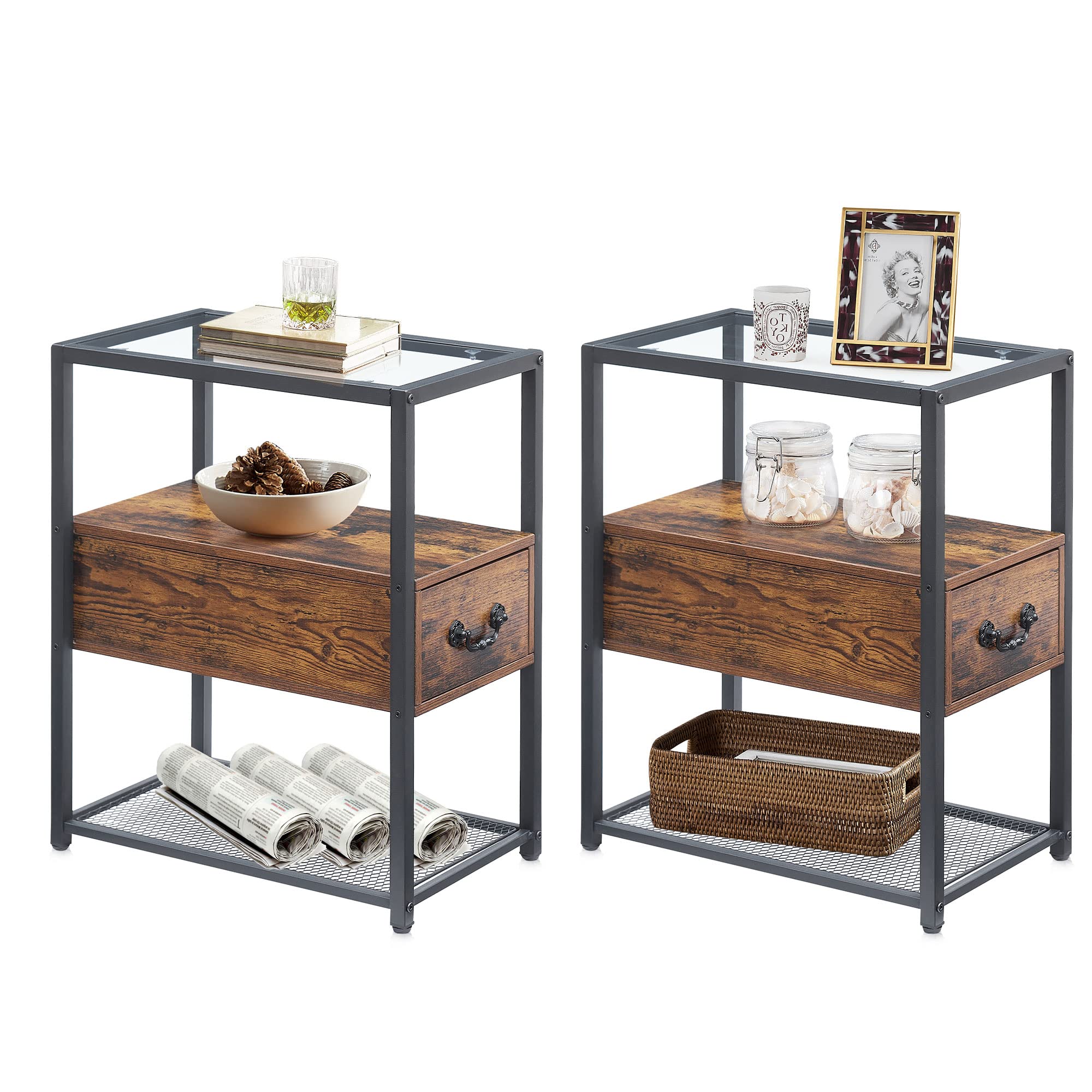 VECELO Set of 2 Modern Narrow End Tables with Drawer - Tall Side Table Nightstand for Living Room, Bedroom, Office & Sofa - Tempered Glass Top, Brown Finish - Perfect for Small Spaces & Home Decor