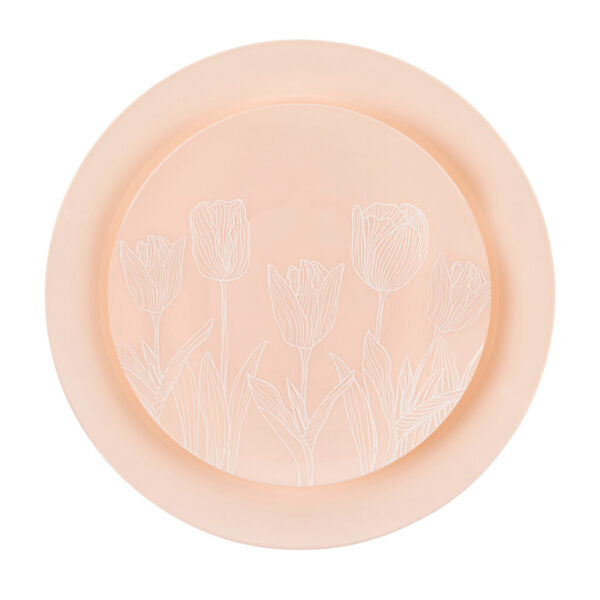 32-Piece Pink and White Tulip Round Plastic Dinnerware Set - BPA-Free, Dishwasher Safe - Perfect for Outdoor Picnics, Birthday Parties, and Family Gatherings (16 Servings)