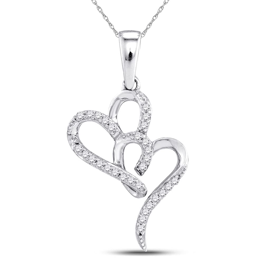 10K White Gold Women's Round Diamond Double Heart Pendant Necklace - 1/10 CTTW - Perfect for Valentine's Day, Anniversary & Romantic Gifts