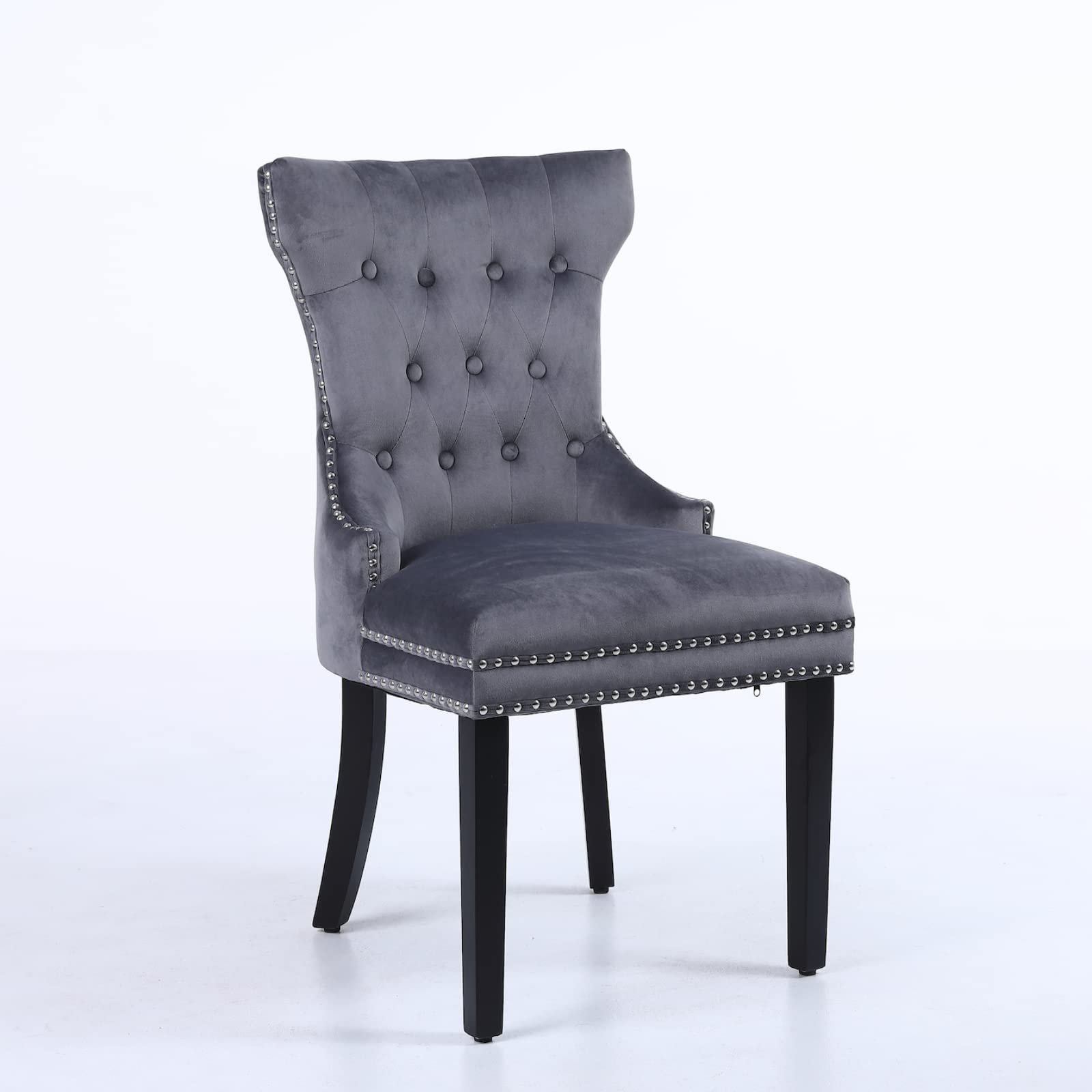 Luxury Modern Velvet Upholstered Dining Chairs Set of 2 - Gray Tufted Accent Chairs with Wooden Legs & Nailhead Trim (20.07