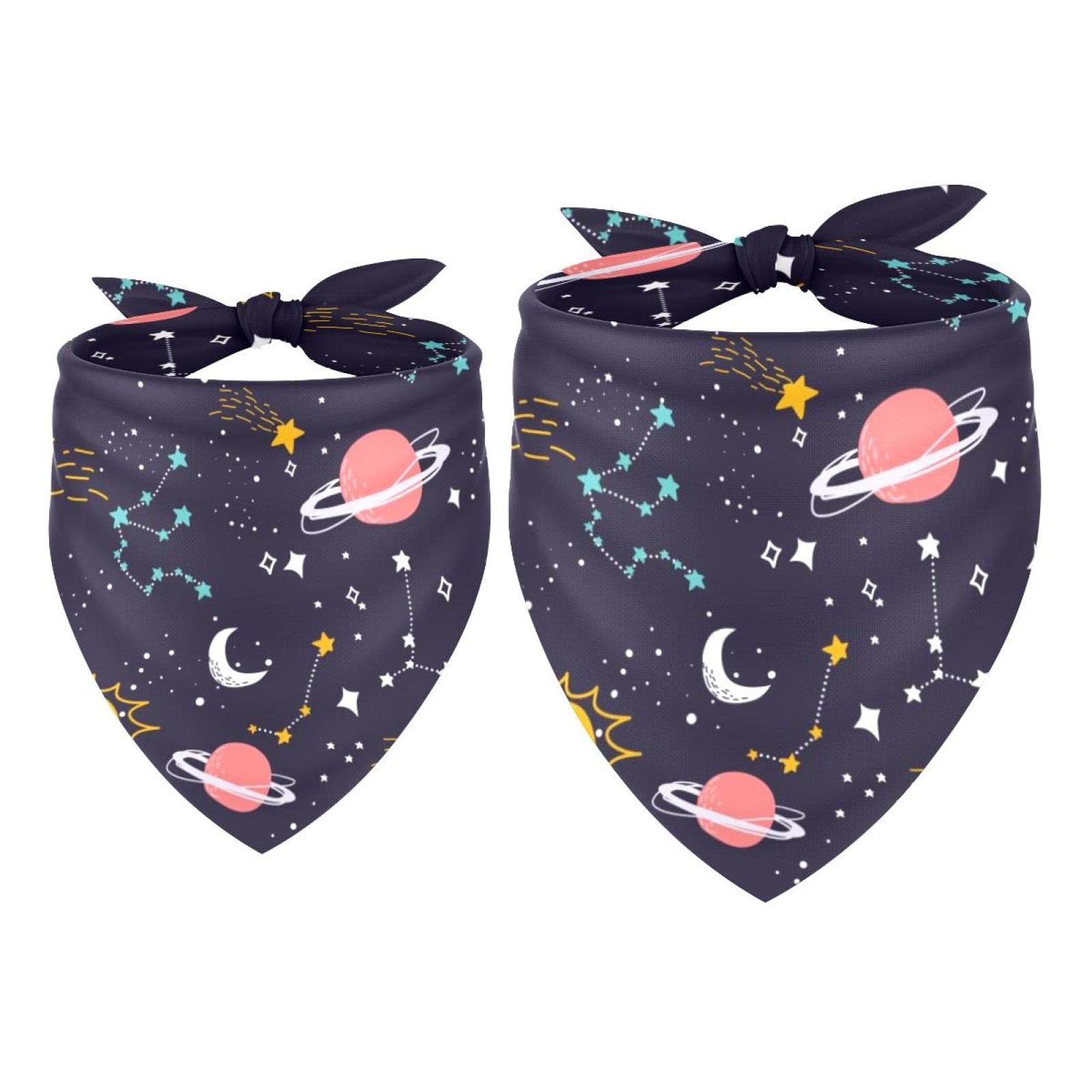 2 Pack Zodiac Themed Dog Bandanas - Colorful Planet, Moon & Star Design for Small, Medium & Large Dogs - Washable Pet Bibs & Scarves for Nighttime Walks, Parties & Outdoor Adventures