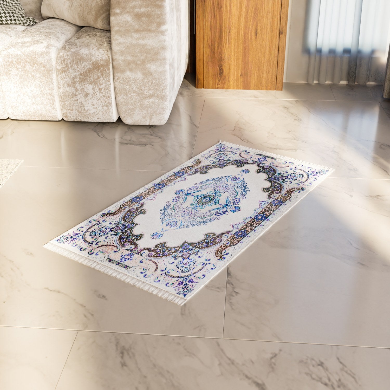 Premium Muslim Prayer Mat - White & Blue Diamond Design for Home, Mosque & Travel - Non-Slip & Portable Islamic Prayer Rug