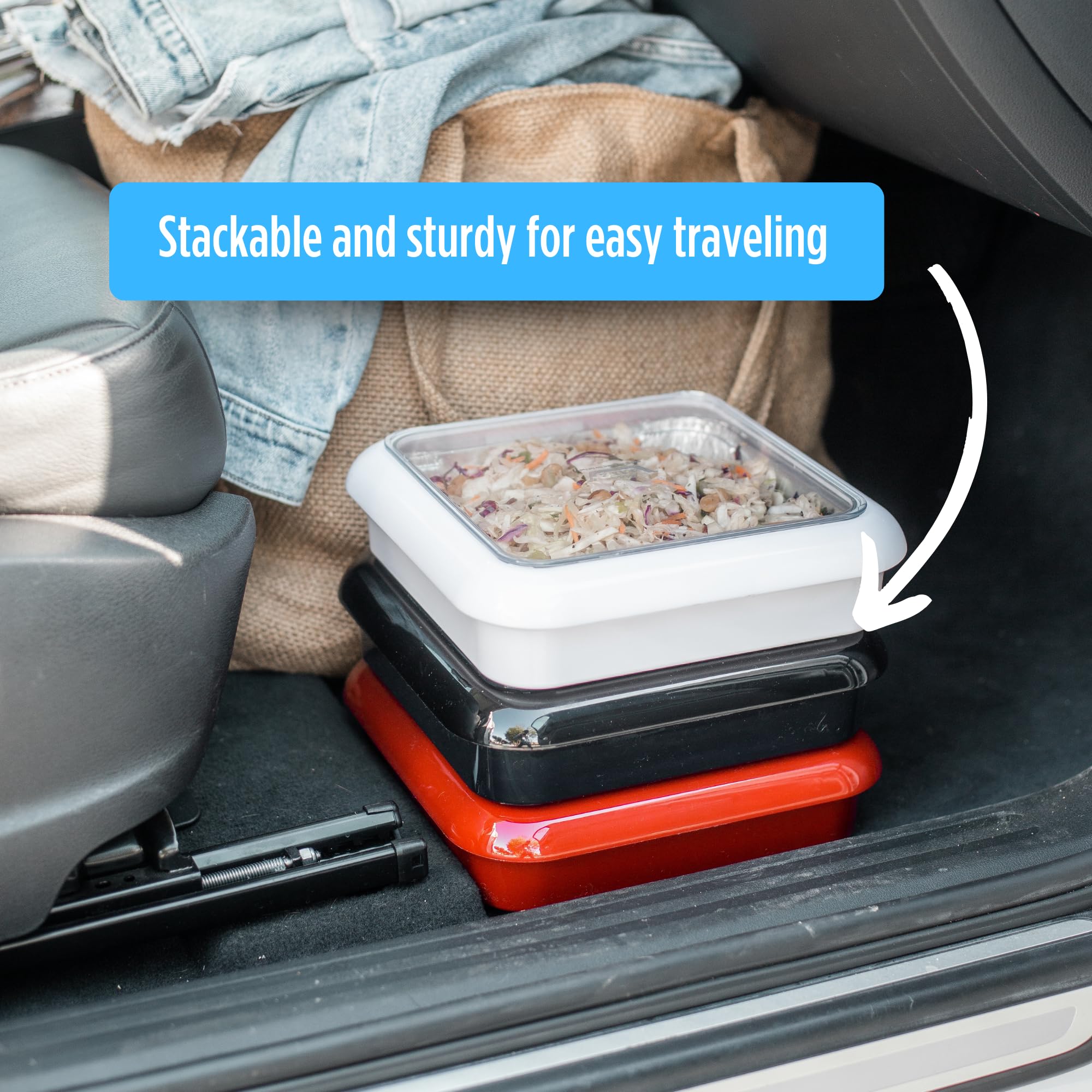 Premium 8x8 Stackable Aluminum Serving Tray with Foil Pan Carrier | Made in USA | Denim Blue Food Tray for Travel, Picnics & Potlucks | Includes Disposable Foil Pan & Serving Spoon