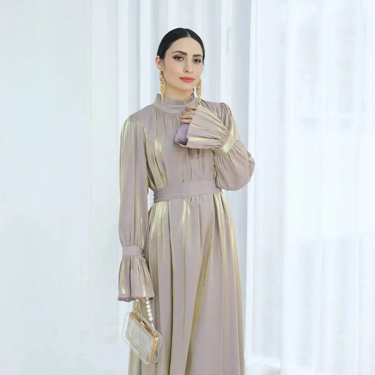 Bell Sleeve Gleam Shiny Abaya Dress for Women - Elegant Muslim Prayer Dress for Eid, Wedding & Special Occasions