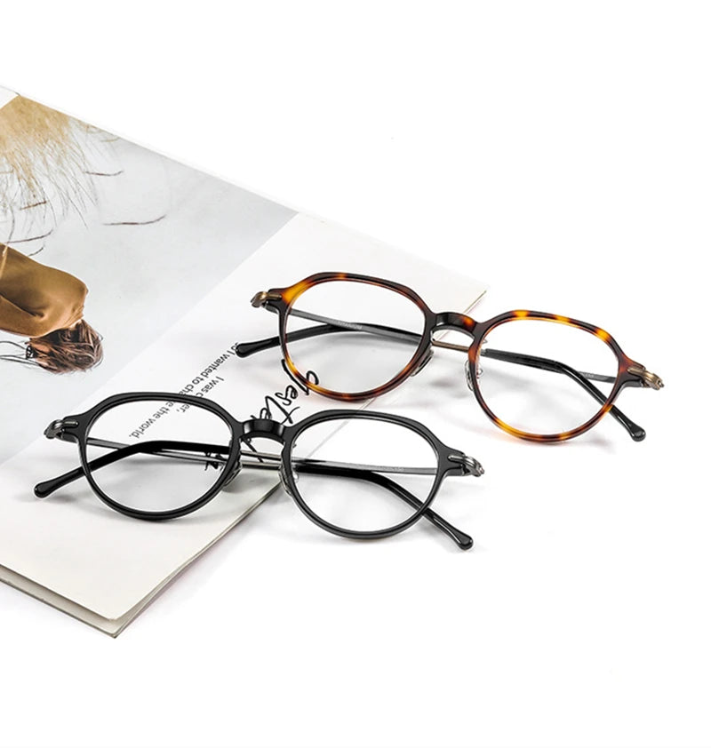 Stylish Unisex Black Titanium Acetate Full Rim Flat Top Oval Eyeglasses - Perfect for Work, Reading & Fashion