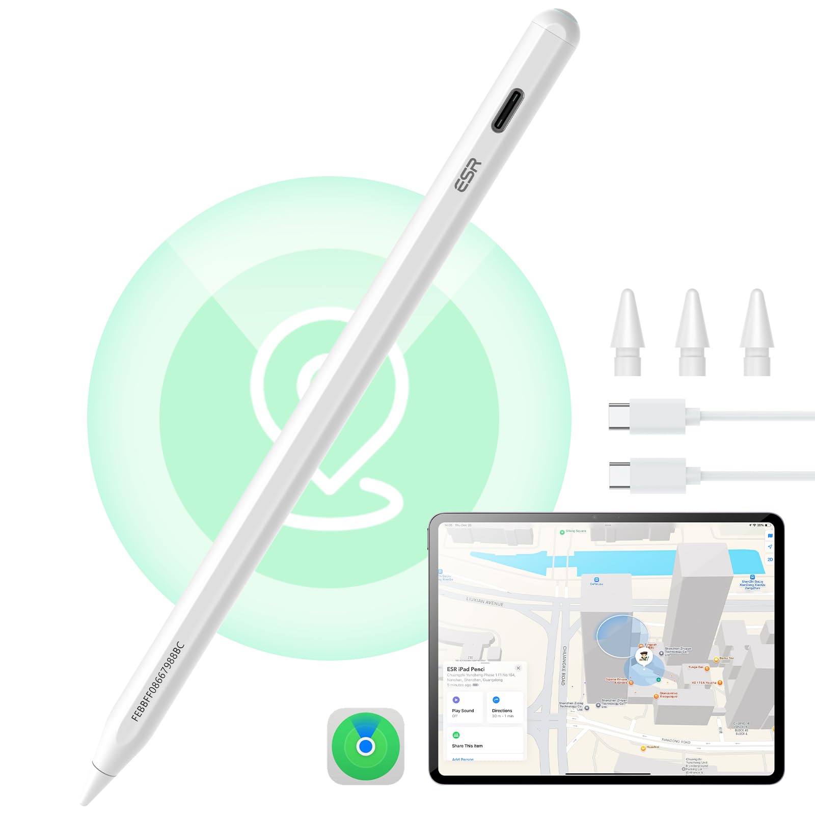 ESR Geo iPad Pencil with Find My Compatibility - Stylus for iPad 2018-2025 Models (iPad 11/10/9/8, iPad Air 13/11, iPad Pro 12.9/13/11, iPad Mini 7/6/5) - White - Perfect for Digital Art, Note Taking & Productivity (No Wireless Charging)