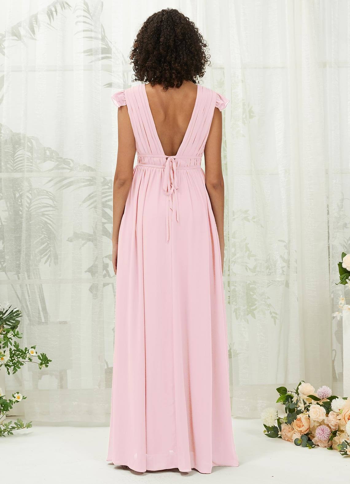 Elegant Blush Cap Sleeves Pleated V-Neck Chiffon Maxi Bridesmaid Dress for Weddings & Formal Events