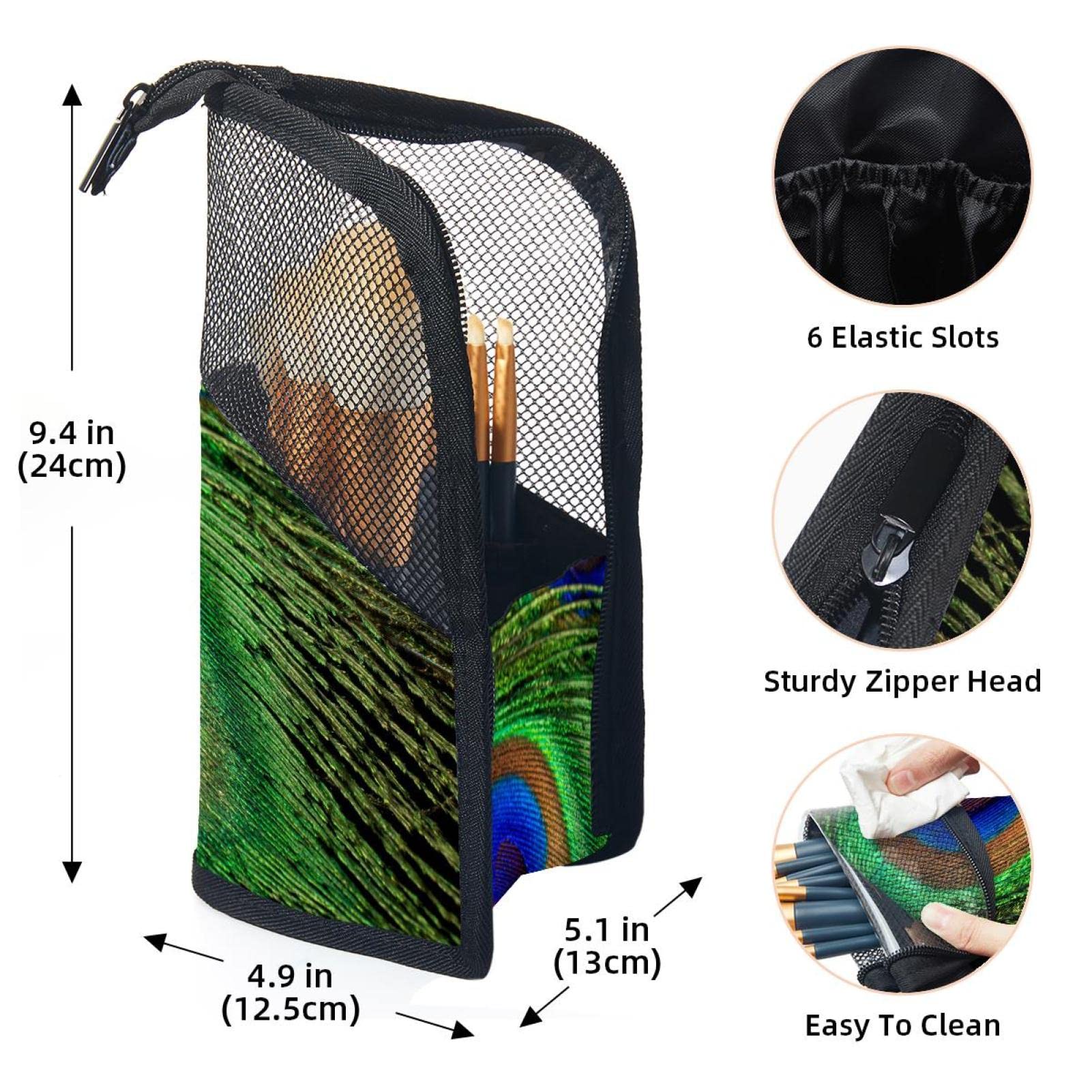Peacock Feather Makeup Brush Organizer Bag with 12 Brushes - Portable Cosmetic Brush Holder Case for Travel, Home Vanity & Professional Makeup Artists