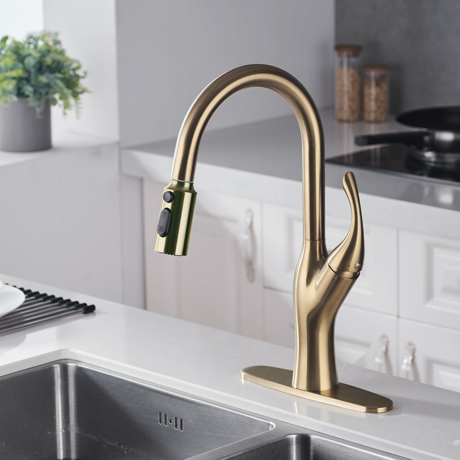 **CLOVERMAP Pull Down Kitchen Faucet Sprayer Head Replacement - 3 Function Spray Nozzle with 9 Adapters, Brushed Gold - Perfect for Sink Cleaning, Dishwashing & Food Prep**