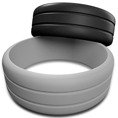 2-Pack Silicone Wedding Rings for Men - Black & Grey Double Debossed Comfort Fit Bands - Perfect for Gym, Sports & Outdoor Activities
