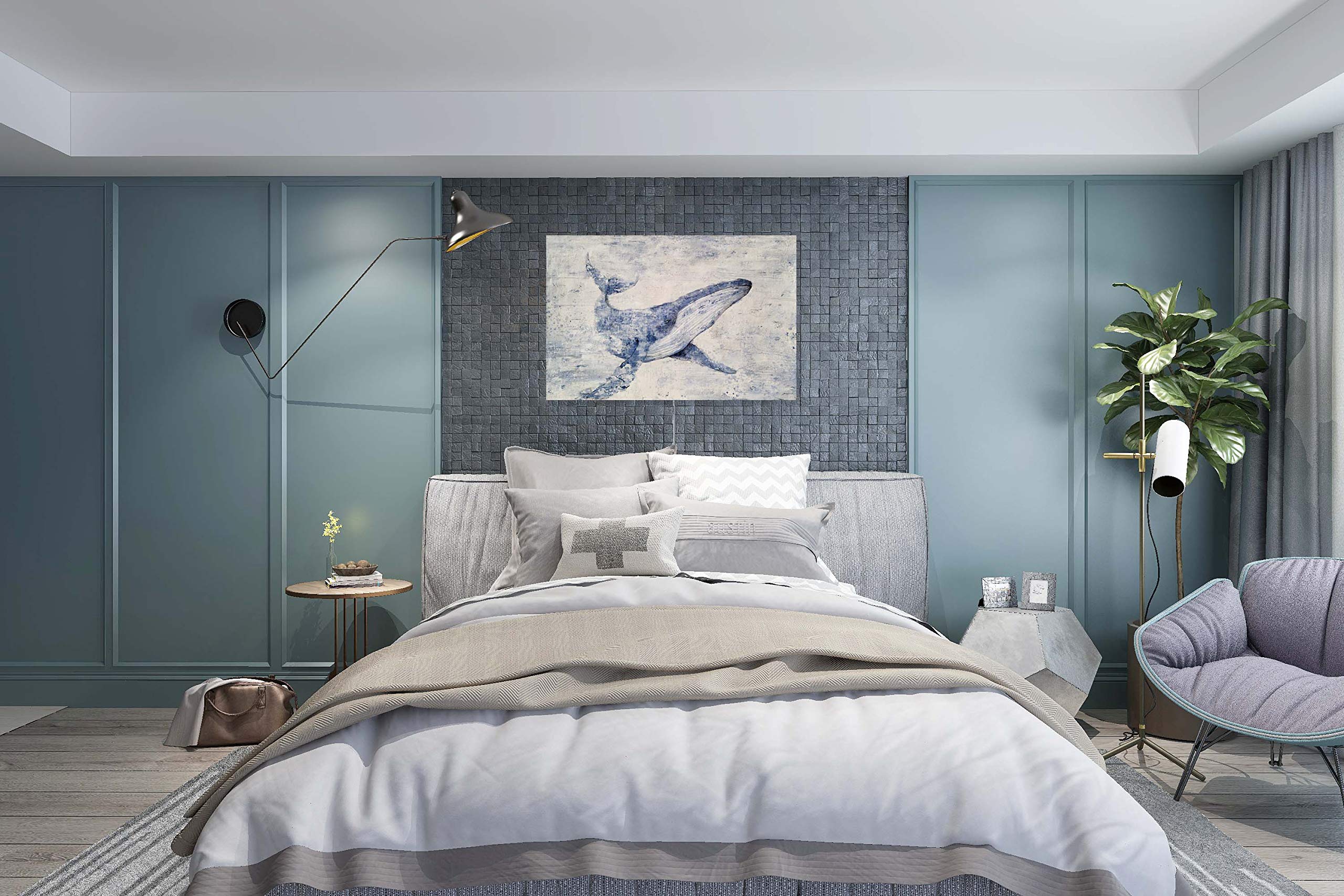 Hand Painted Blue and White Abstract Whale Canvas Wall Art - Modern Coastal Animal Painting for Living Room, Bedroom, Bathroom Decor | Perfect for Beach House, Nursery & Office Wall Decoration