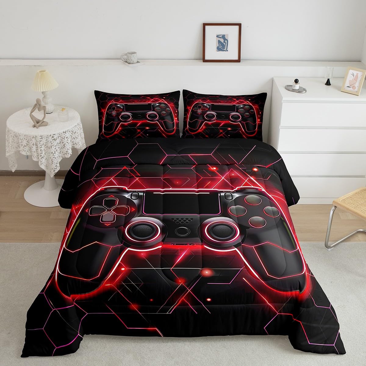 Erosebridal Honeycomb King Comforter Set - Neon Gaming Bedding for Boys Room Decor
