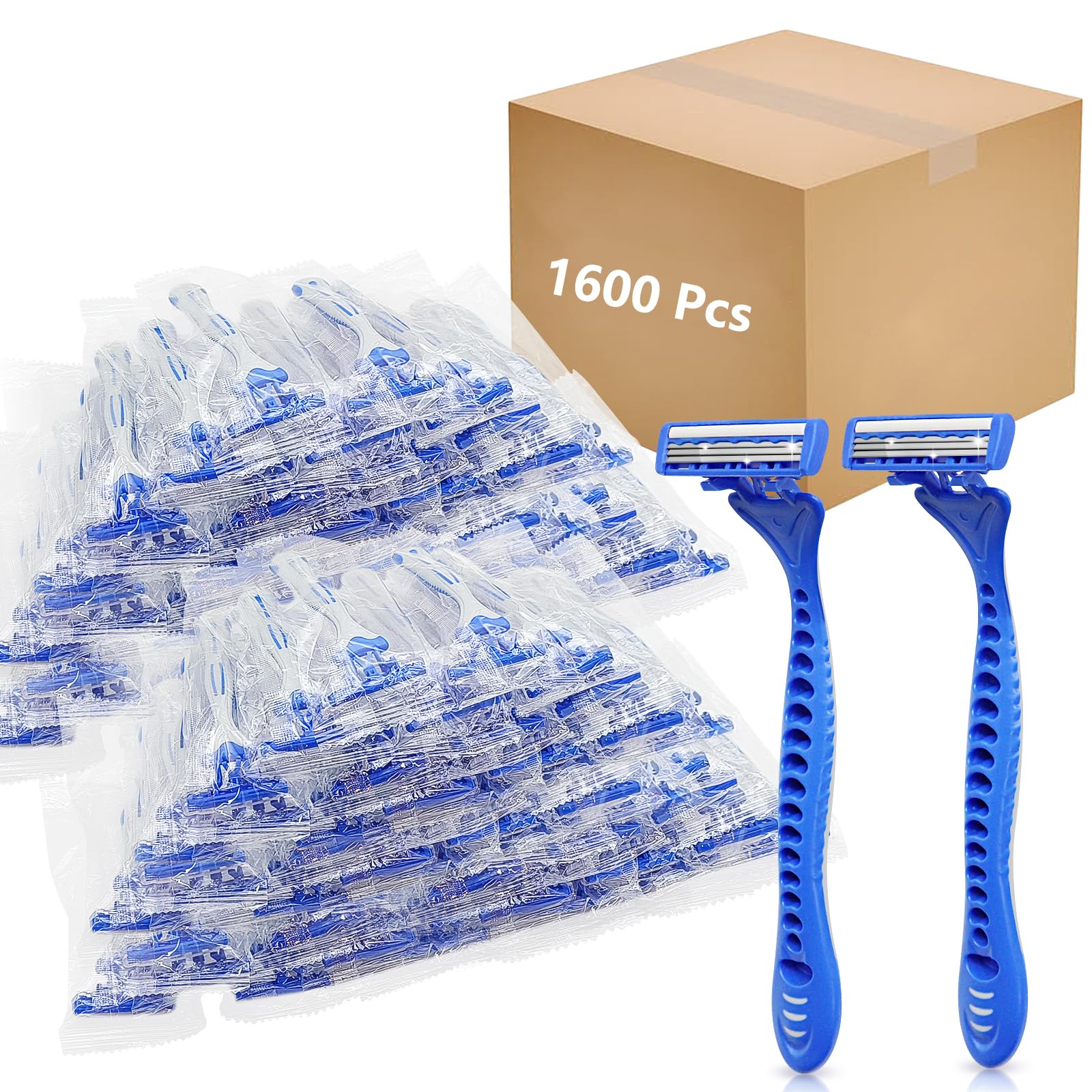 (1600 Pack) Kheoxusa 3-Blade Disposable Razors - Individually Wrapped Triple Blade Shavers for Men & Women - Bulk Razors for Travel, Hotels, Airbnb, Tattoo Shops, Barber Salons & Personal Grooming - Grey Blue