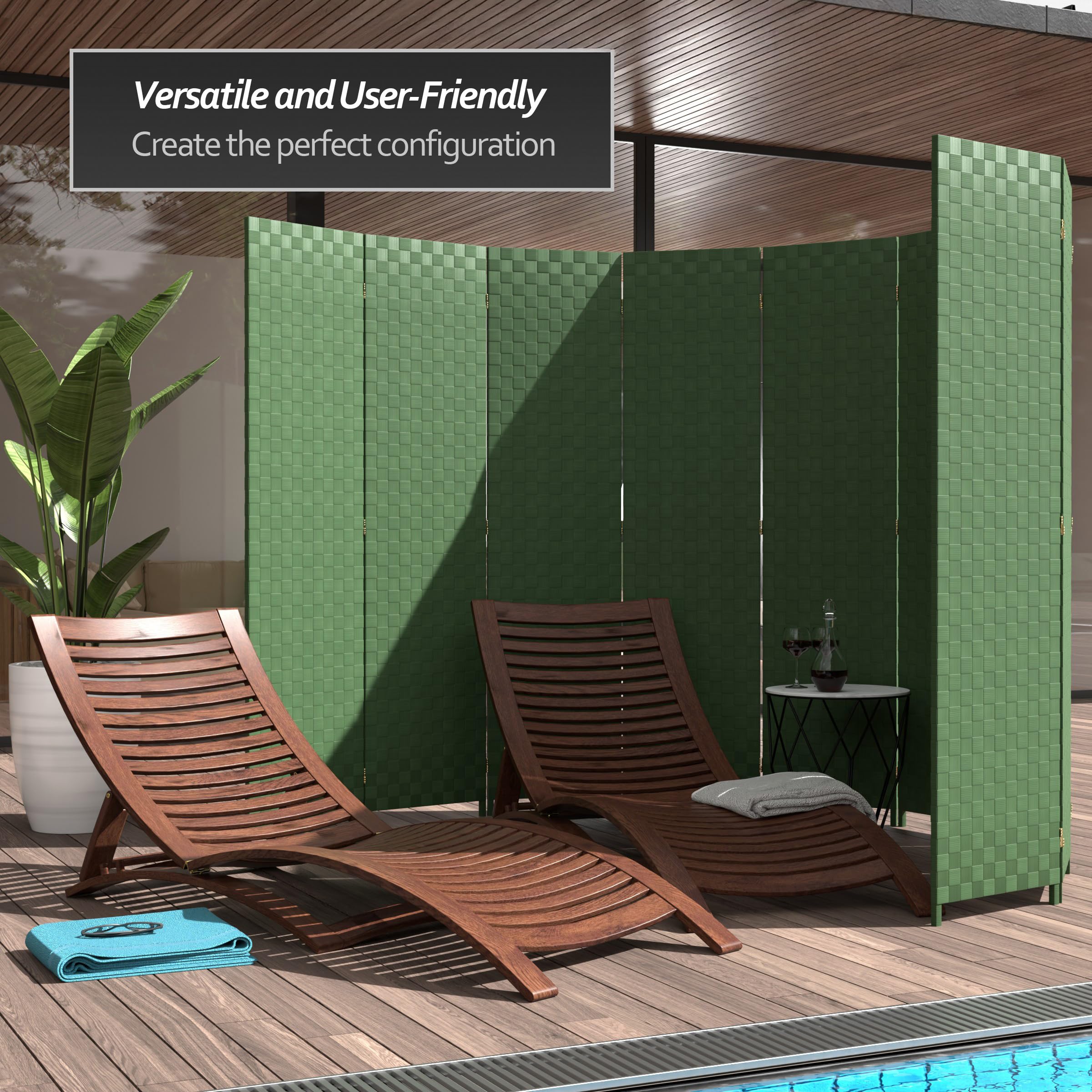 6 ft. Tall Red Lantern Woven Fiber Outdoor All-Weather 3-Panel Room Divider - Green Privacy Screen for Patio, Garden, or Balcony