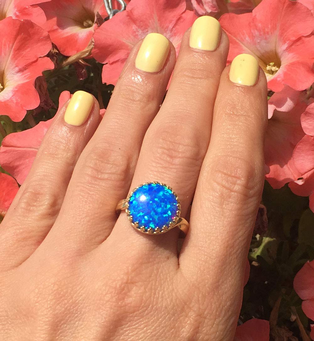 Blue Opal Ring - 14K Gold October Birthstone Ring - Round Crown Bezel Setting Gemstone Jewelry - Elegant Cocktail & Party Ring for Women - Perfect Gift for Birthdays, Anniversaries & Special Occasions