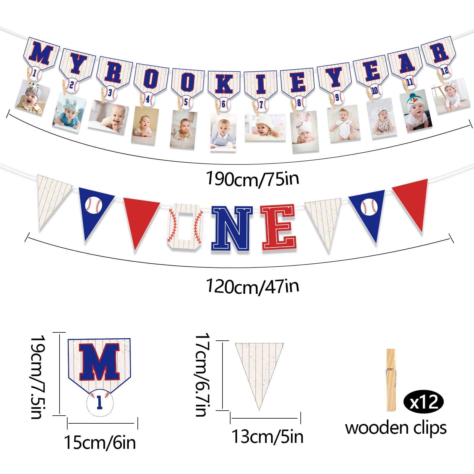 Baseball 1st Birthday Decorations - First Year Photo Banner & My Rookie Year Banner for Boys | Baby's First Birthday Party Supplies | Perfect for Baseball Theme Birthday Parties, Baby Showers & Milestone Celebrations