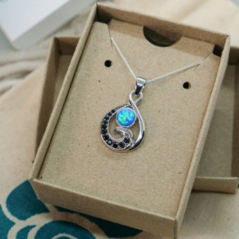 Ocean Wave Pendant Necklace with Blue Opal Gemstone - Dainty Silver Jewelry for Women, Beach Vacation & Boho Style Outfits