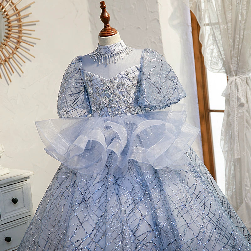 Elegant Blue Mock Neck Floor-Length Organza Flower Girl Dress – Perfect for Weddings, Pageants & Special Occasions