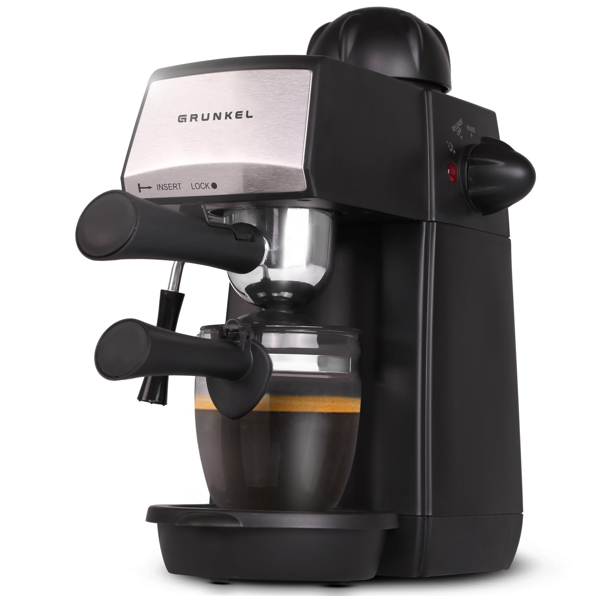 Grunkel 4-Cup Espresso Coffee Maker with 5 Bar Pressure, 870W, Built-in Safety Foam Gun, Black & Steel - Perfect for Home, Office, and Small Cafes