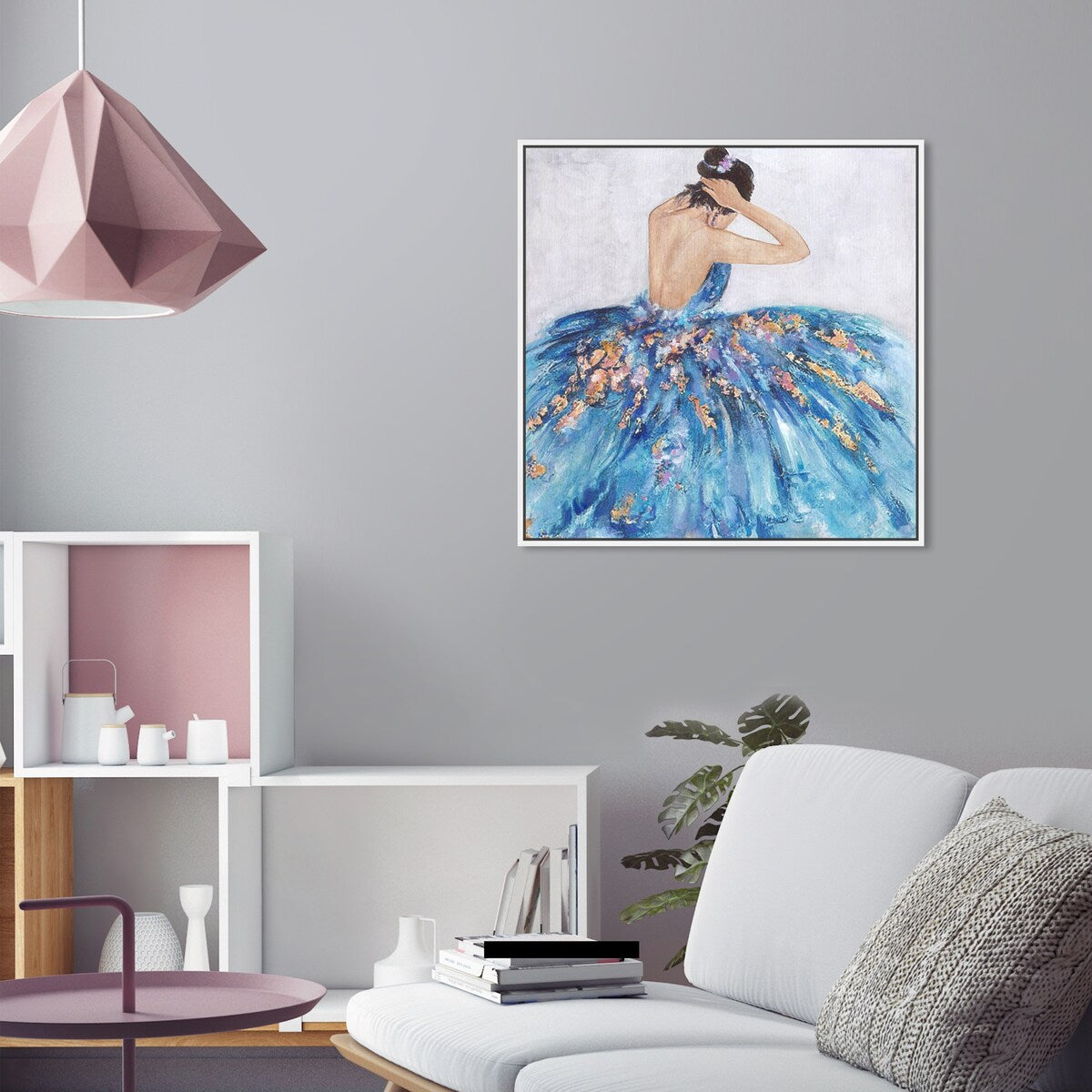 Elegant Princess Dress Glam Blue Framed Canvas Wall Art Print - Blue & Festive Home Decor for Bedroom, Living Room, Nursery | Perfect Gift for Girls, Women & Teens