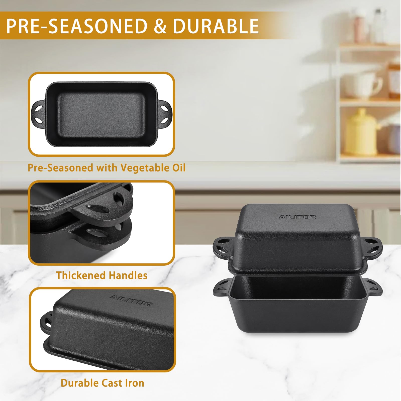 9x5 Inch Cast Iron Loaf Pan with Lid - Premium Bread Baking Pan Set of 2 for Homemade Sourdough, Banana Bread & Artisan Loaves | Perfect for Oven, Camping & Gift Giving