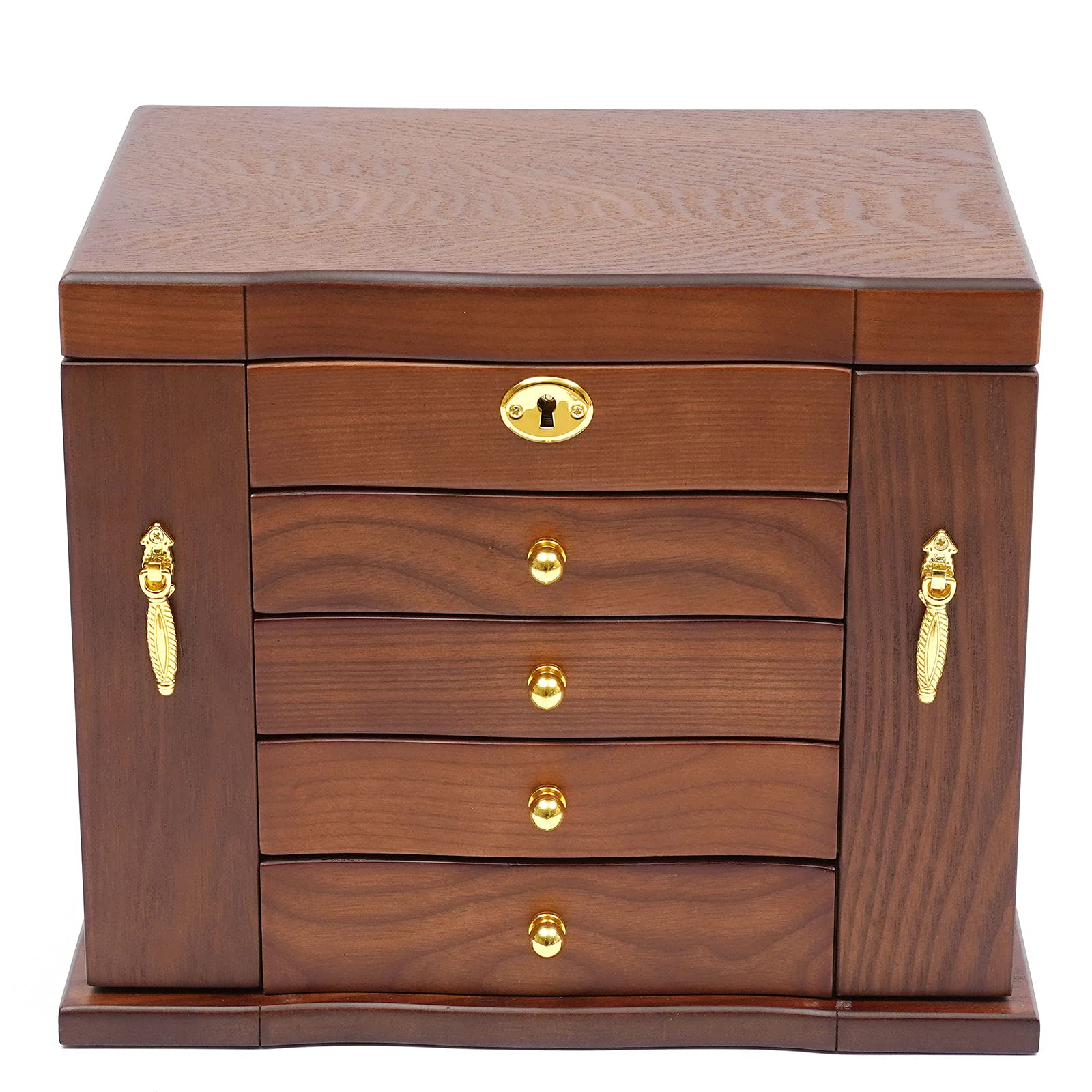 Vintage 5-Layer Wooden Jewelry Box with Lock & Key - Large Jewelry Organizer for Earrings, Necklaces, Bracelets & Rings - Perfect for Bedroom, Closet & Travel Storage