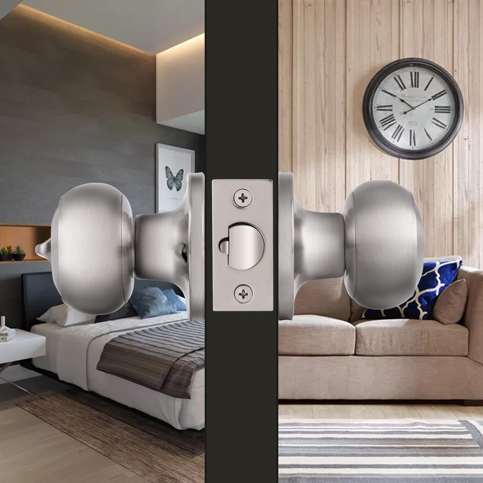 8 Pack Brushed Nickel Door Knobs - Flat Round Interior/Exterior Door Handles with Keyed Entry Lock - Satin Nickel Finish for Home, Office & Apartment Security (Different Keys Included)