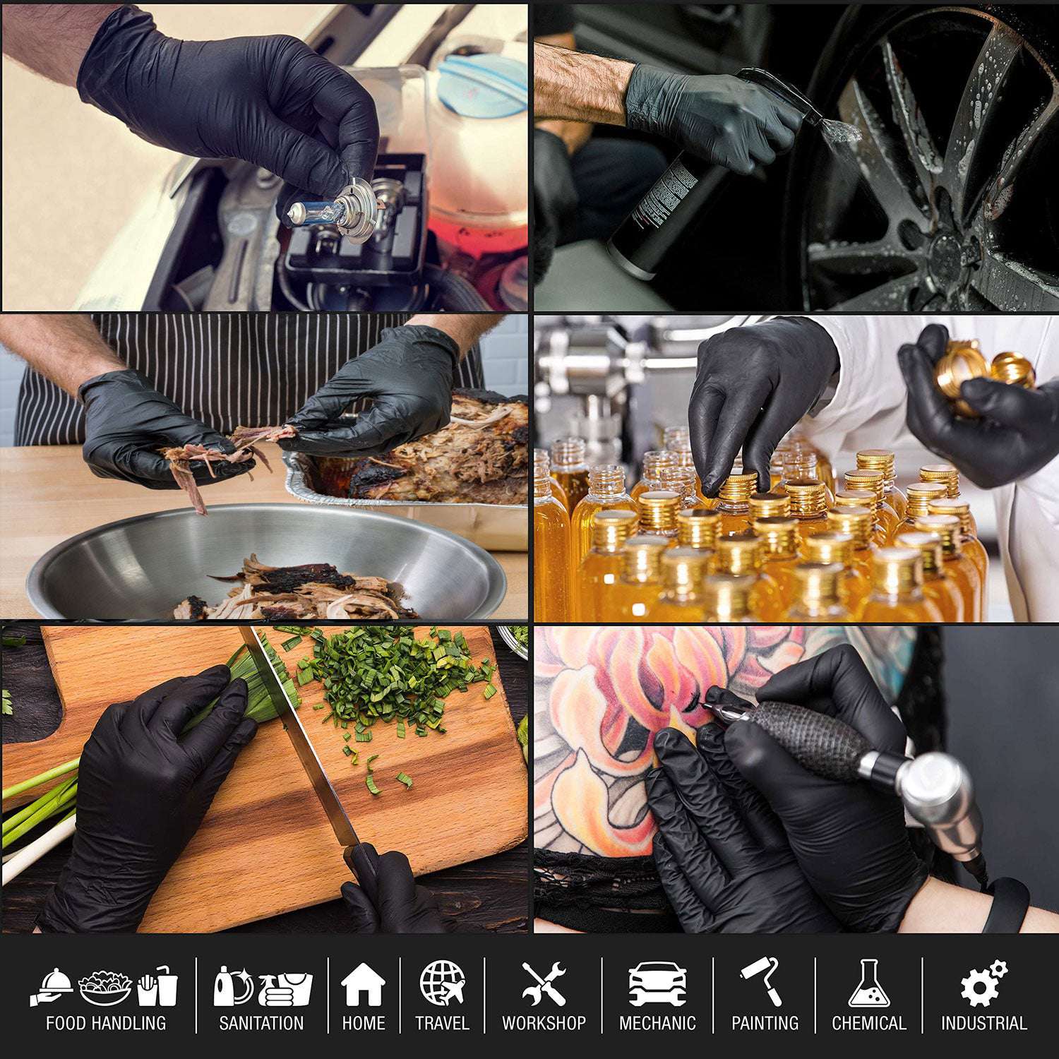 100-Pack Black Nitrile Disposable Gloves - Industrial, Mechanic, Tattoo & Food Safe - Large Size for Work, Kitchen & Tattoo Parlor Use