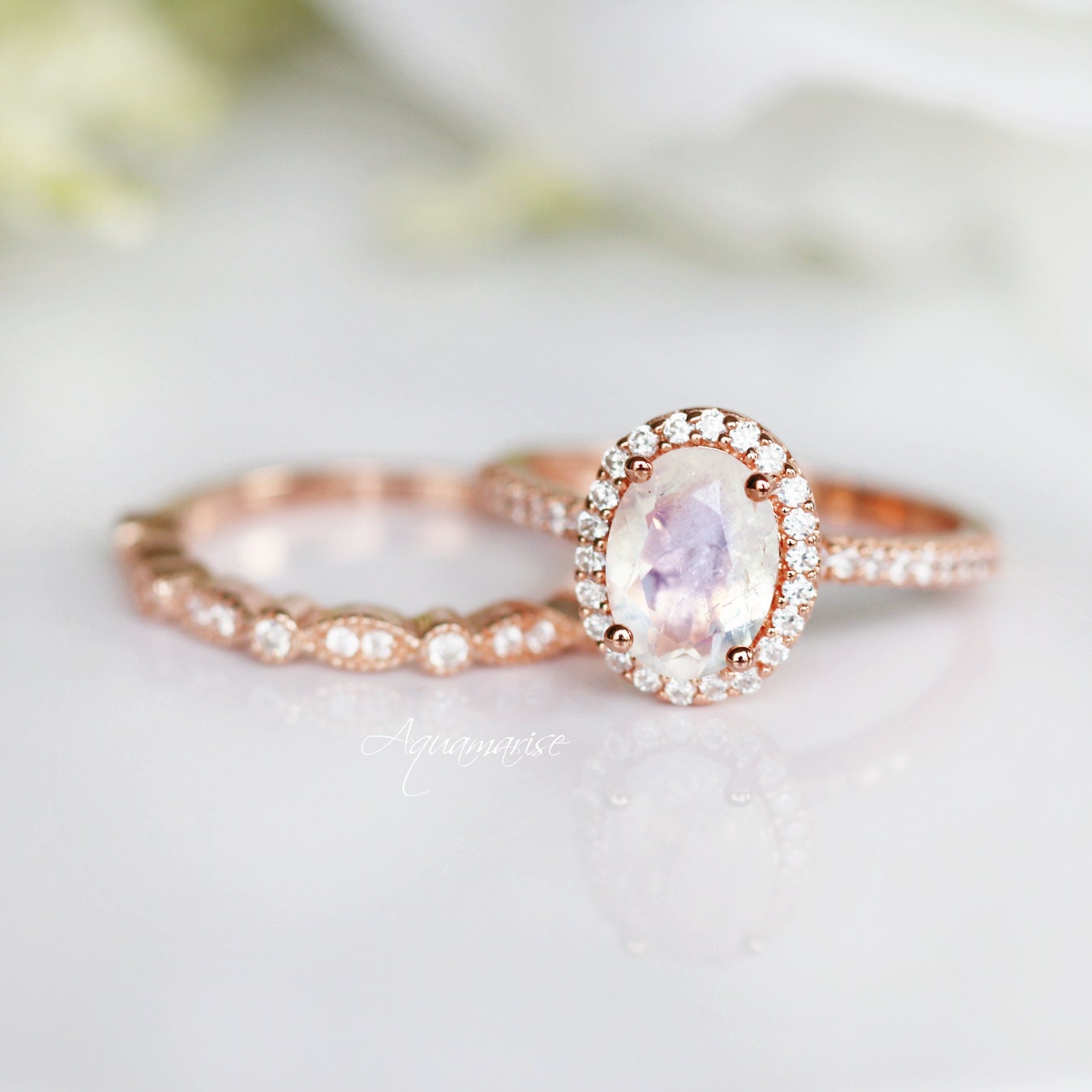 14K Rose Gold Vermeil Iris Rainbow Moonstone Ring - Elegant Jewelry for Women, Perfect for Weddings, Parties & Gifts