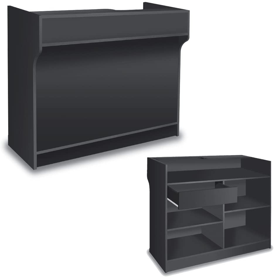 Black Melamine Free Standing Register Stand with Adjustable Shelves, Pull-Out Drawer & Check Writing Area - Perfect for Retail Stores, Restaurants, and Office Cashier Counters