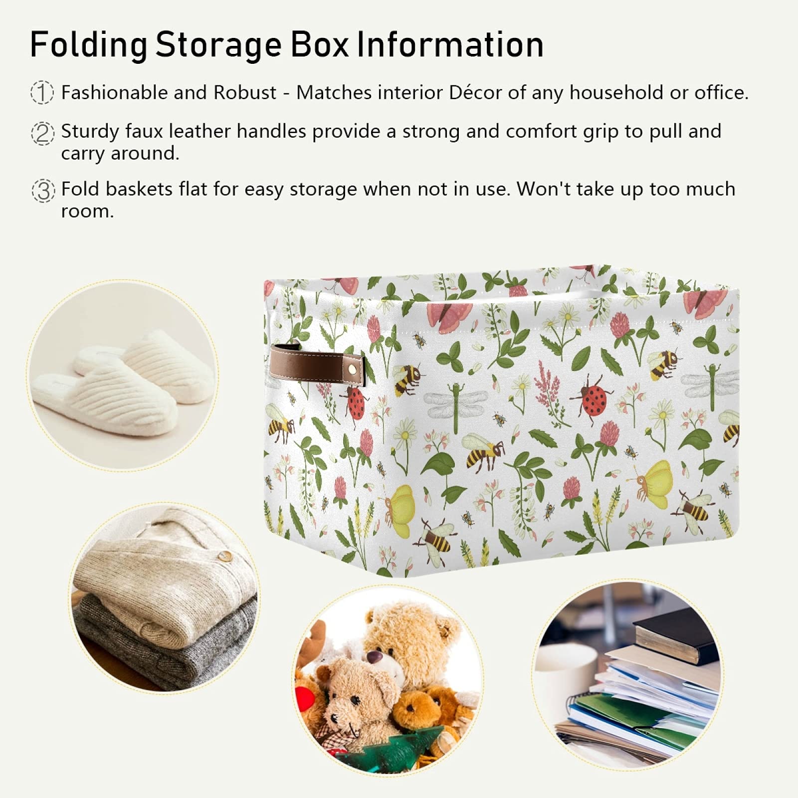 Wild Flowers Ladybug Storage Basket Bin - Large Collapsible Canvas Cube Storage Box Organizer for Home, Office, Closet (2 Pack, 15