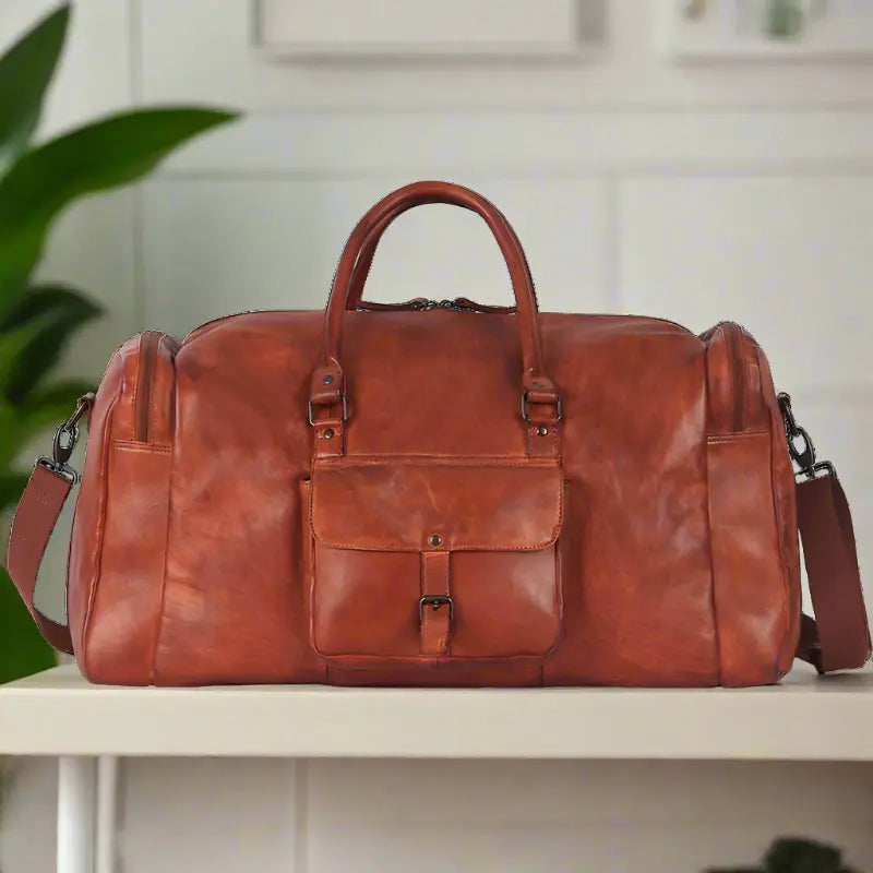 Premium MET 5-Pocket Genuine Leather Duffle Bag for Men - Travel, Gym & Weekend Getaways - Water-Resistant Carry-On Luggage for Business Trips & Outdoor Adventures