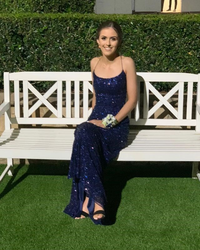 Elegant Navy Blue Sequin Long Prom Dress with High Slit & Backless Design - J5176 | Perfect for Graduation, Homecoming, and Evening Parties