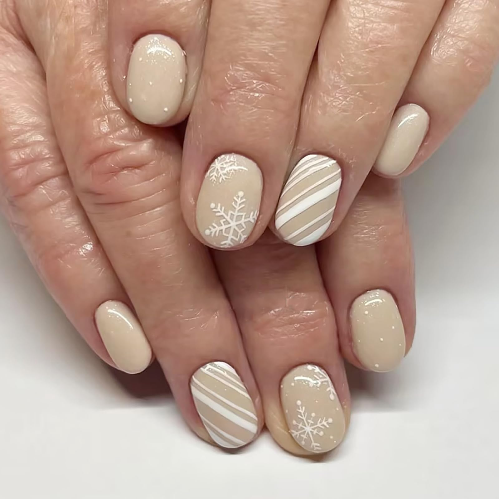 24Pcs Winter Square Press-On Nails - Short Fake Nails with Nude Glossy Finish | Christmas Snowflake Design | Reusable Acrylic Stick-On Nails for Women | Perfect for Holiday Parties, Gift Giving & Everyday Glam