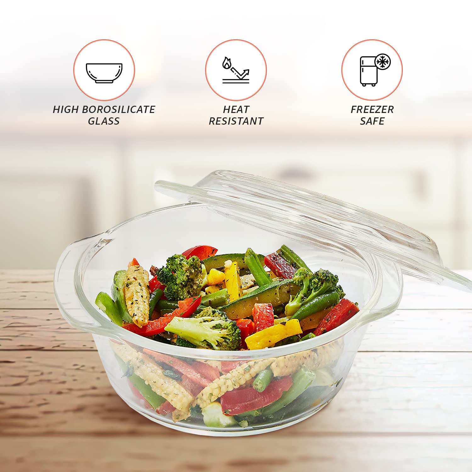 Solimo Borosilicate Glass Casserole & Serving Bowl Set with Lid - 2-Piece (1000ml & 1500ml) Oven & Microwave Safe - Perfect for Baking, Roasting, Meal Prep & Entertaining