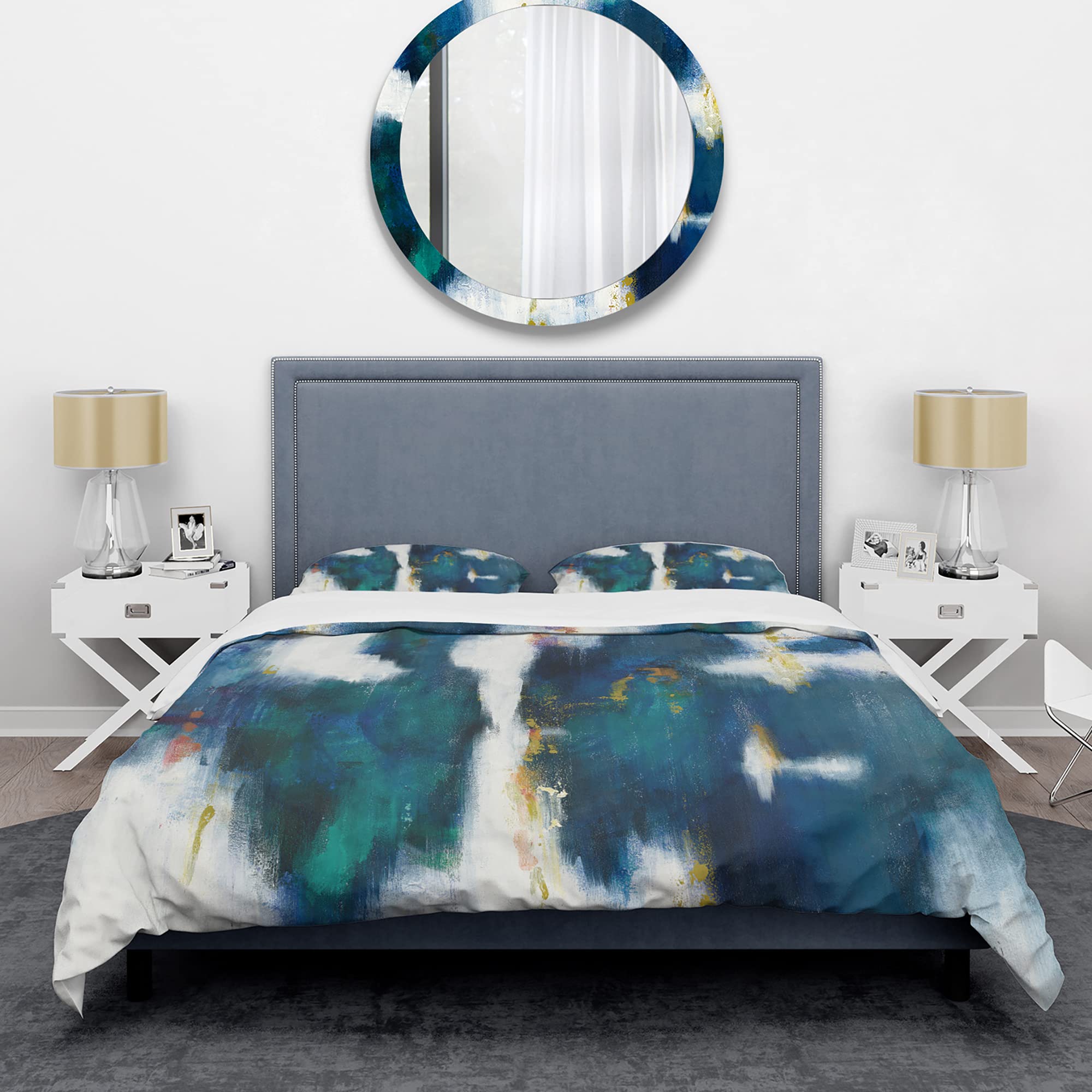 DesignQ Blue Glam Textured Modern Duvet Cover Set - King Size 3-Piece Abstract Bedding | All-Season Luxury Bedroom Decor for Contemporary Homes