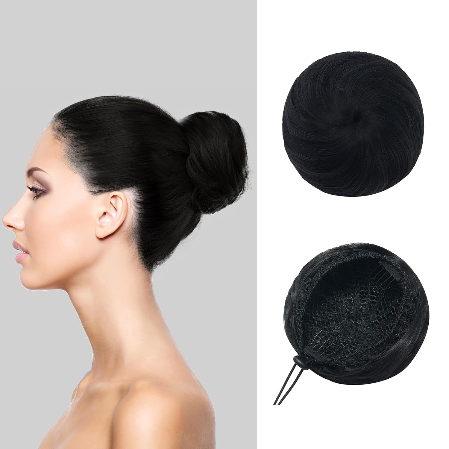 Premium Synthetic Hair Bun for Women & Girls - Black Fake Hair Donut Bun Maker - 1 Piece Hair Extension for Updos, Ponytails & Special Occasions